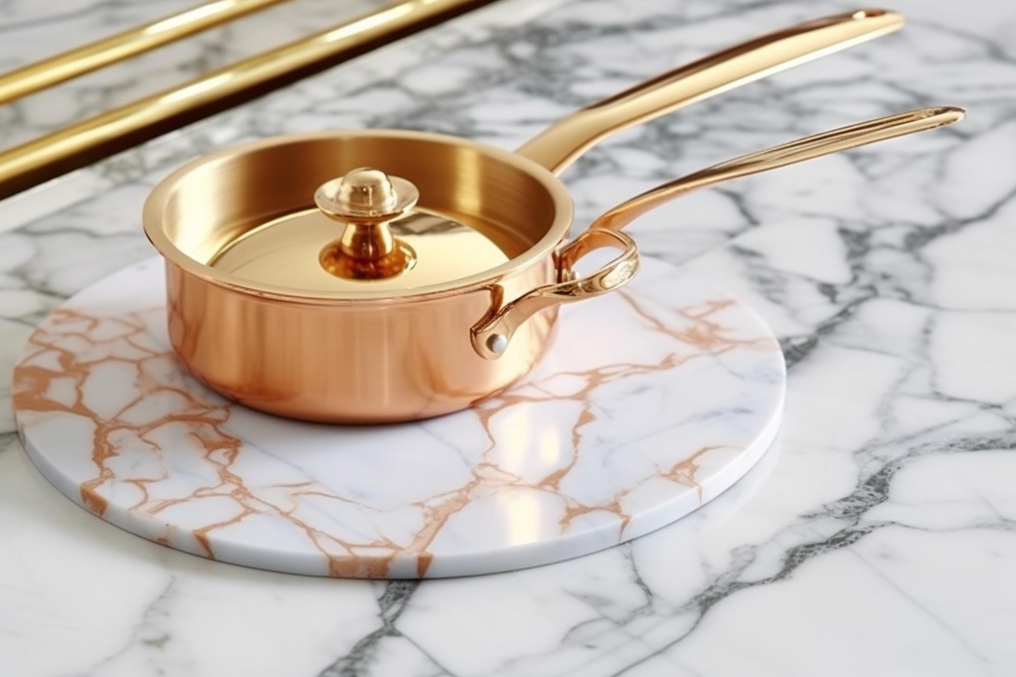 Warm studio kitchen with copper pans and marble counter